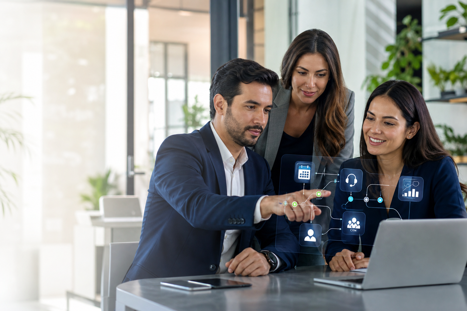 Equipo empresarial colaborando con un flujo de automatización e inteligencia artificial