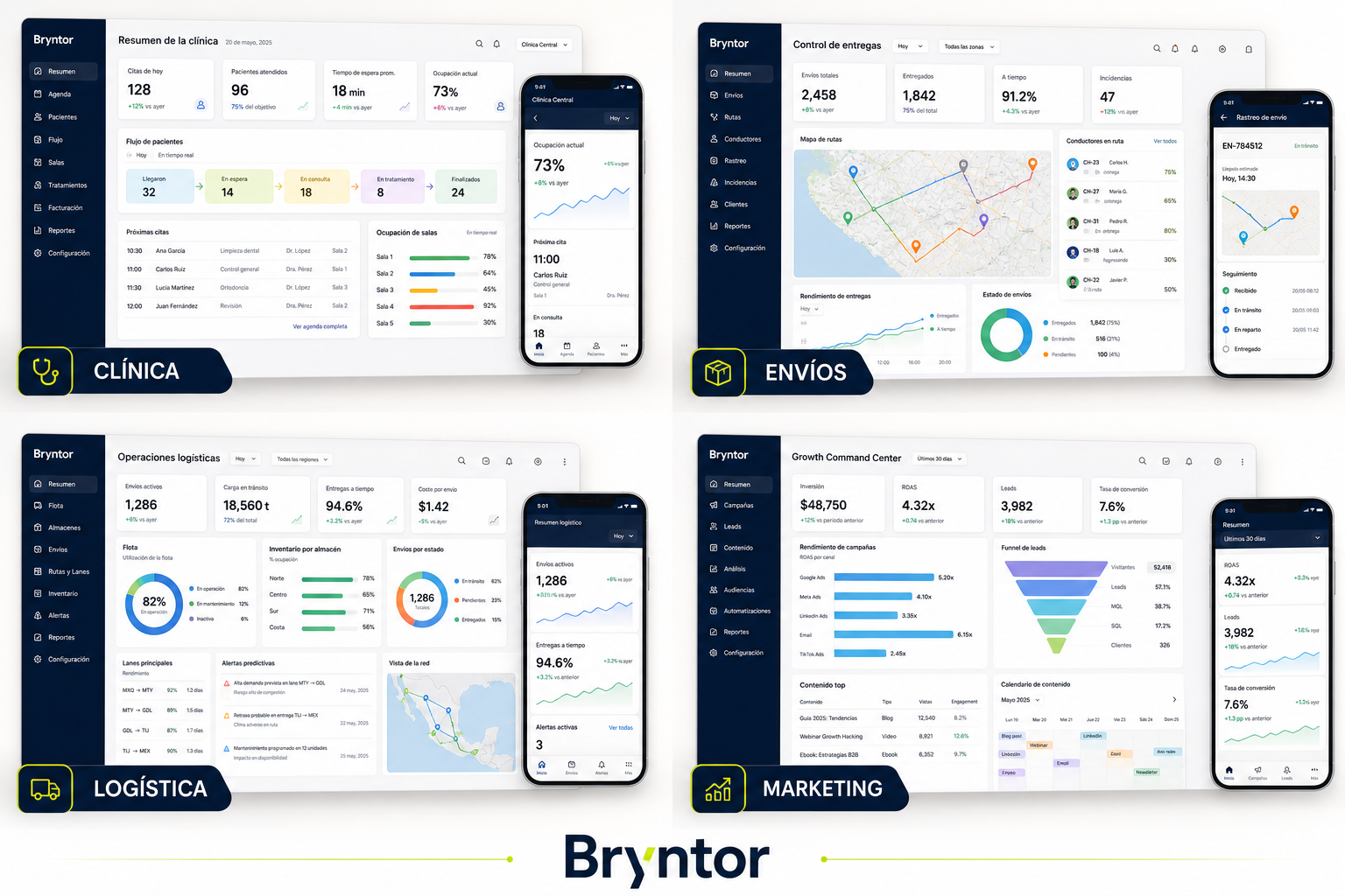 Mockups de software Bryntor para clínica, envíos, logística y marketing